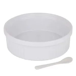 Souffle Dish Ramekins for Baking –32 Oz, 1 Quart Large Ceramic Oven Safe Round Fluted Ramekin Bowl with Mini Condiment Spoon for Soufflé Pot Pie Casserole Pasta Roasted Vegetables Baked Desserts White