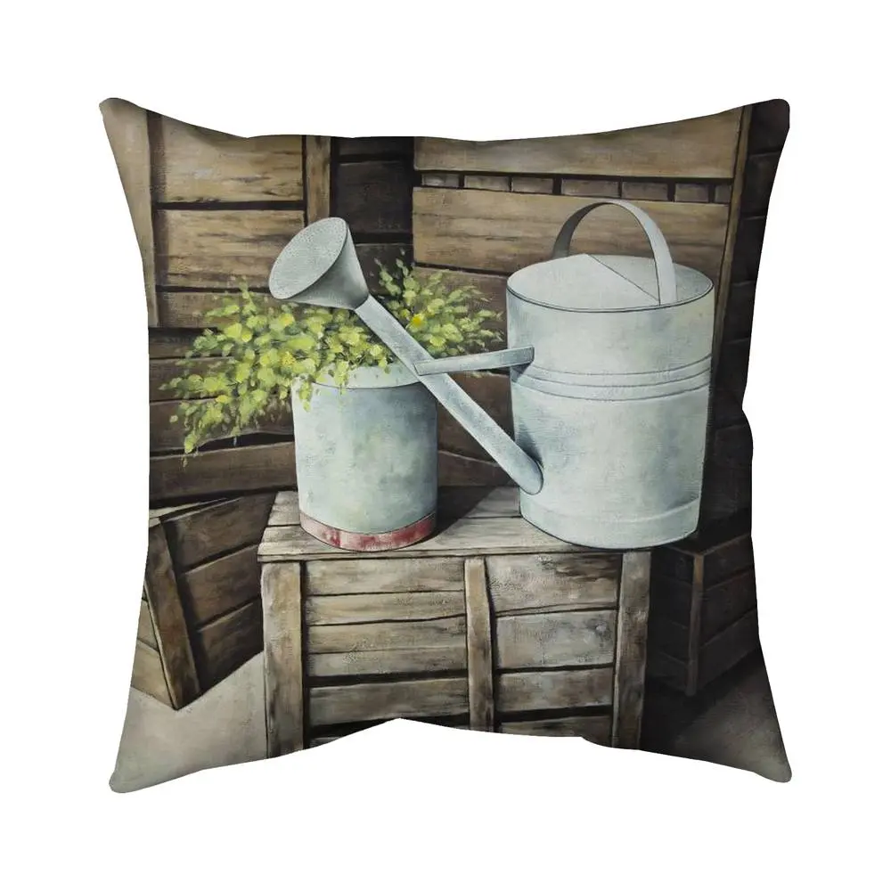 Begin Home Decor 5541-1616-SL30 16x16 in. Industrial Brown Decorative Living Room Accent Throw Pillow - Vintage Watering Can Kitchen Decor