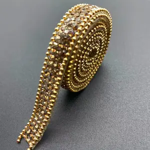 Champagne Color Hot Melt Glue Beads DIY Craft Jewelry Accessories, Long Sparkling Rhinestone Decorative Patch for Clothing, Glitter Trim Ribbon, Sewing Accessories
