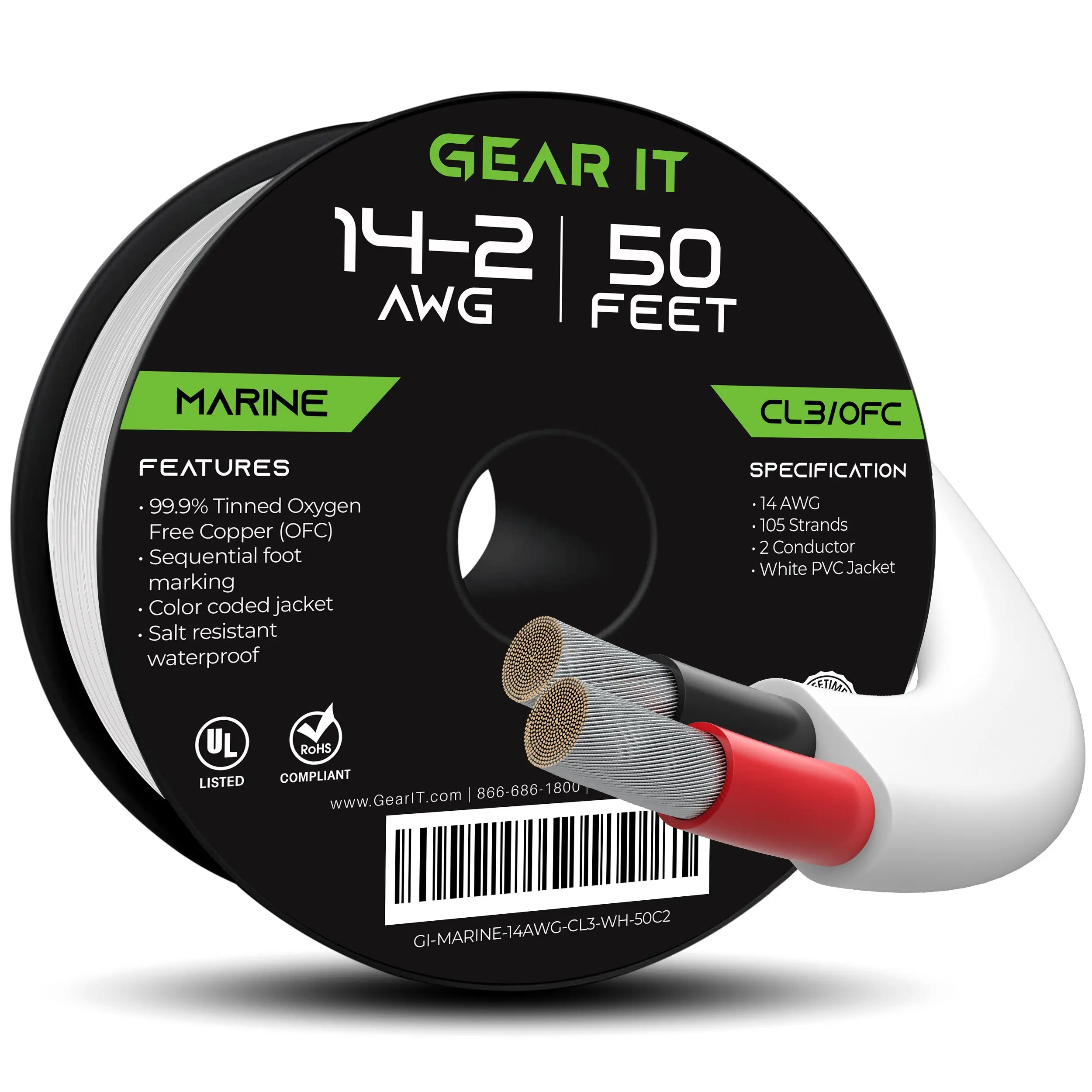 GearIT 14/2 AWG OFC Marine Speaker Cable - Tinned Copper Wire, 50 Feet, UL Listed, Waterproof, Saltwater Resistant, CL3 Rated