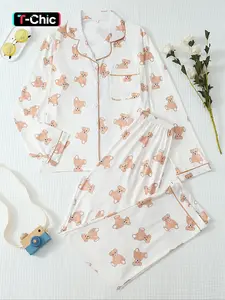 Women's Oodie Bear Print Long Sleeve Pajama Set, Sweet Cute Button Front Top and Pants, Casual Homewear, Cute Loungewear, All Seasons Fitted Sleepwear