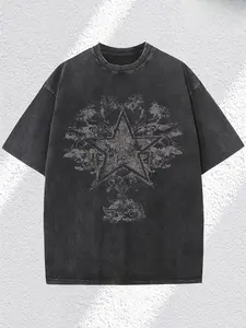 Men's 230g heavy cotton vintage washed T-shirt - Dark street pattern printed star and floral design, regular fit short sleeves round neck top, all season casual wear (S to XXXL size), everyday comfortable shirt, soft breathable fabric