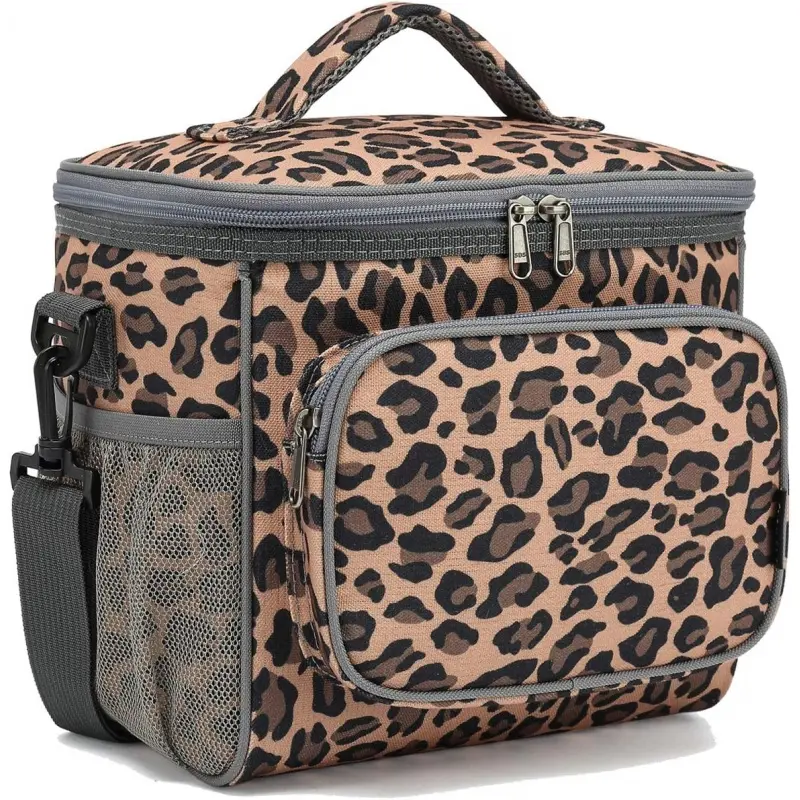 Leopard Print Insulated Reusable Adult Lunch Bag - PE Foam Insulation, Large Capacity, Detachable Adjustable Shoulder Strap, Front Zipper Pocket, 2 Large Mesh Side Pockets, Home Organizer, Keeps Cold Over 9 Hours (For Workouts, Commuting)