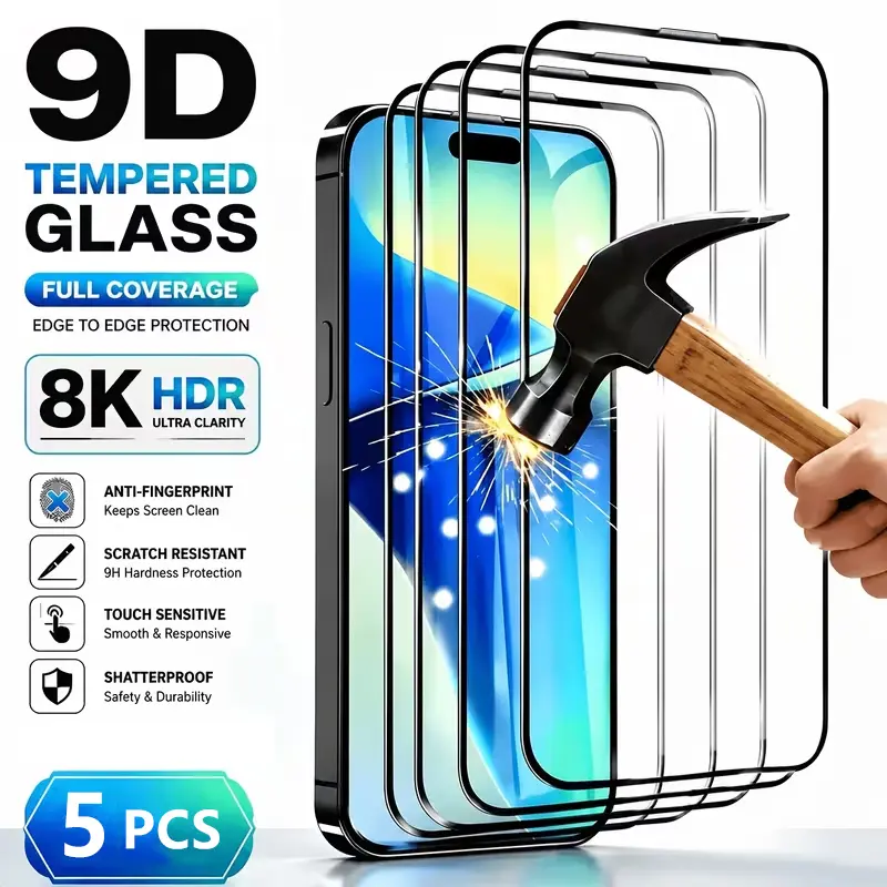 5pcs ( Screen HD) Full Screen Tempered Glass Film, High Transparency Suitable for iPhone 17ProMax/17Air/16E/15/14Plus/13/12/11ProMax/X/XsMax/XR, Anti-Fingerprint, HD Transparent, Precise Touch, 9H Hardness, Anti-Drop, Perfect Fit Accessory