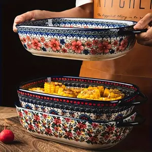 1PC Baking Dish Porcelain Rectangular 9x5.3 Inch Double Handle Hand Painted Floral Embossed for Roasting Corn Steamed Meat Salad Baking Durable Home Use