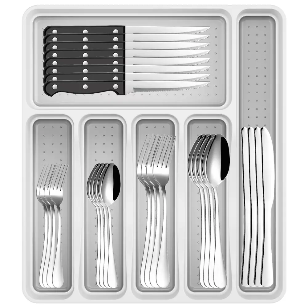 49 Piece Stainless Steel Silverware Set with Drawer Organizer Service for 8, Modern Flatware Cutlery Set with Forks Spoons Knives and Tray Silver