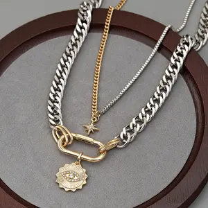 Metal simple gold and silver two-color multi-layer necklace, personalized exaggerated trendy eye pendant multi-layer stacking necklace for women, fashionable and versatile, suitable for daily wear during the back-to-school season, and a gift for Teacher's
