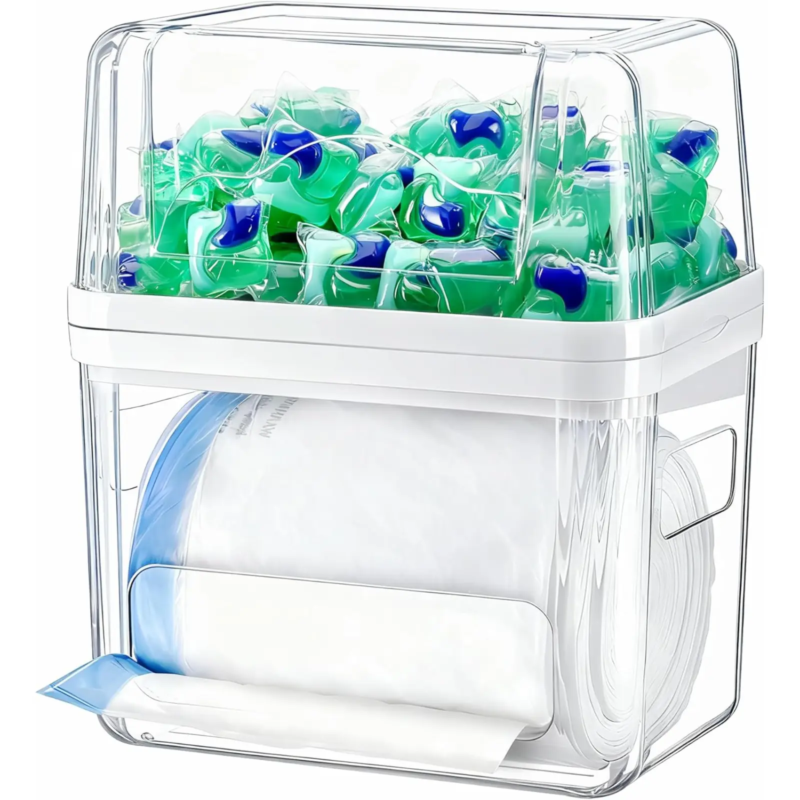 3-in-1 Acrylic Modern Eco-Friendly Rectangle Clear Storage Box with Lid, Trash Bag Dispenser & Dishwasher/Laundry Room Pods Tablets Organizer for Under Sink