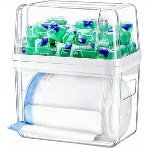 3-in-1 Acrylic Modern Eco-Friendly Rectangle Clear Storage Box with Lid, Trash Bag Dispenser & Dishwasher/Laundry Room Pods Tablets Organizer for Under Sink