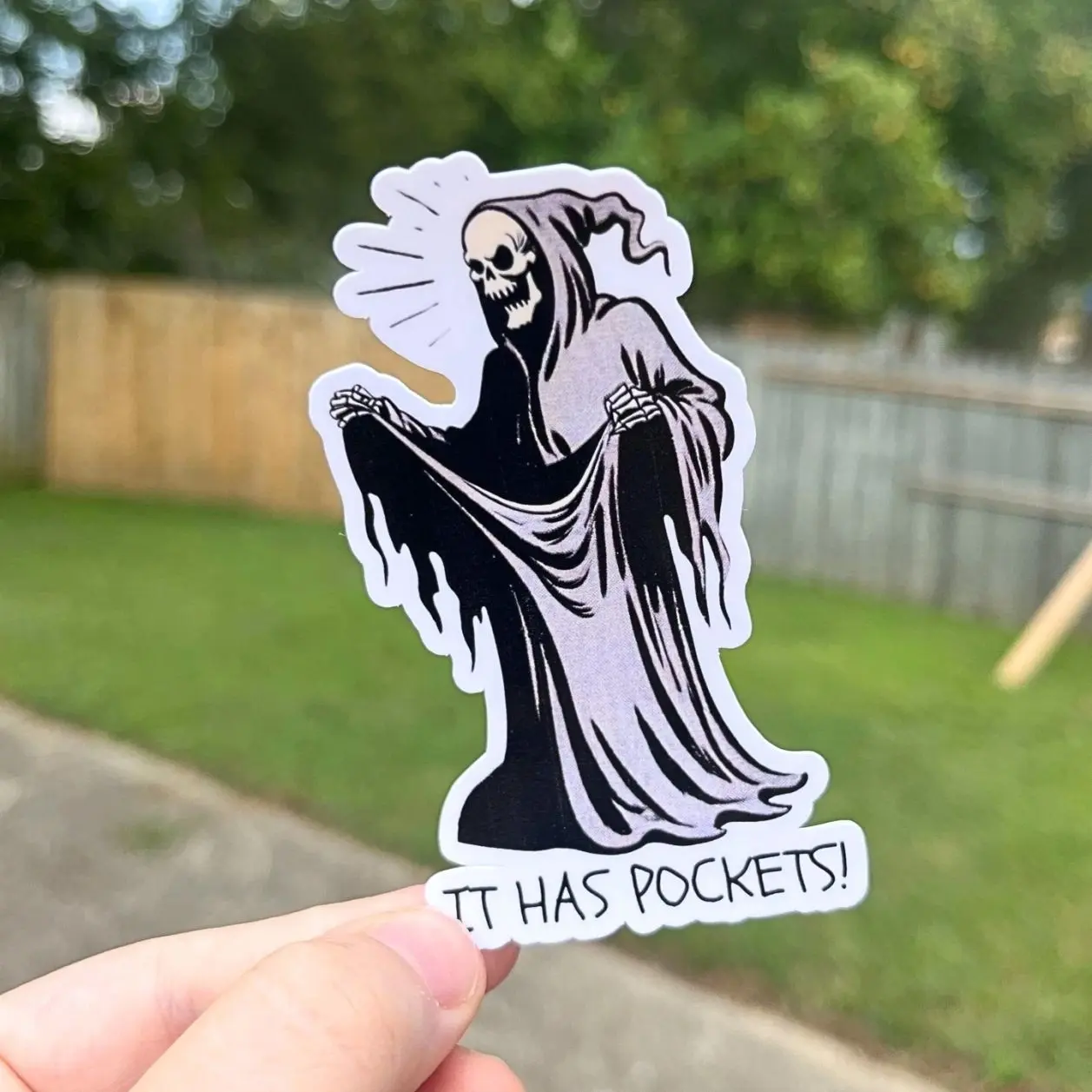 It Has Pockets Sticker, Funny Halloween, Vintage Grim Reaper, Horror Lover Gift, Waterproof, Cute Goth, Witchy, Laptop Sticker, Cars, Trucks, Laptops, Coolers, Toolboxes, Windows & More, Vinyl Sticker