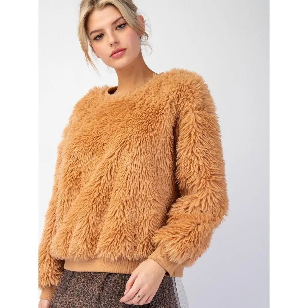 Sherpa All Over Pullover, Dropped Shoulders, Casual Fabric Sweater for Women, Soft and Winter Fashion