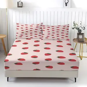 Cute Strawberry Print Bedding Set, 3 Piece (1 Fitted Sheet + 2 Pillowcases), Soft Microfiber, Fruit Pattern, Perfect Gift for Girls, Bed Sheets, Comfy Bed Sets
