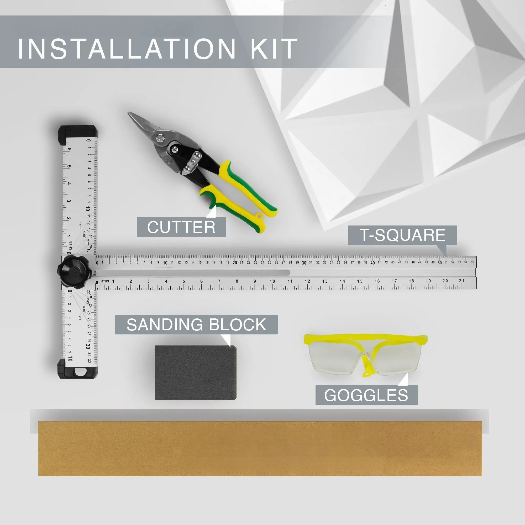 Metal 4-Piece Wall Panel Installation Kit for Contractors – T-Square, Cutter, Sanding Block, Goggles for Home Renovation Projects, Ensures Straight Cuts & Easier Installation