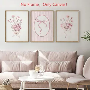 3 Pieces Pink Modern Bouquet Art Poster Pink Bow Canvas Painting Floral Plant Wall Print Home Decor Products Girls Bedroom Apartment Hanging Picture No Frame Set Artistic