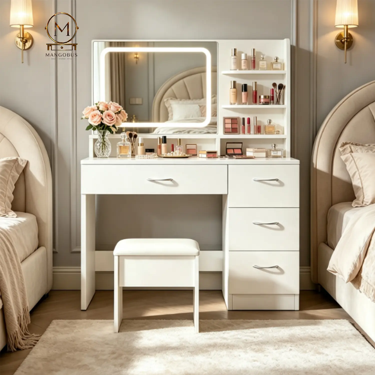 White Bedroom Makeup Vanity Set - Dressing Table with Built-in LED Light Bar, LED Mirror, 2 Standard Plug Outlets, Storage Drawers, 3-Tier Shelves, Matching Hidden Chair, for Makeup Organization & Get Ready Routines