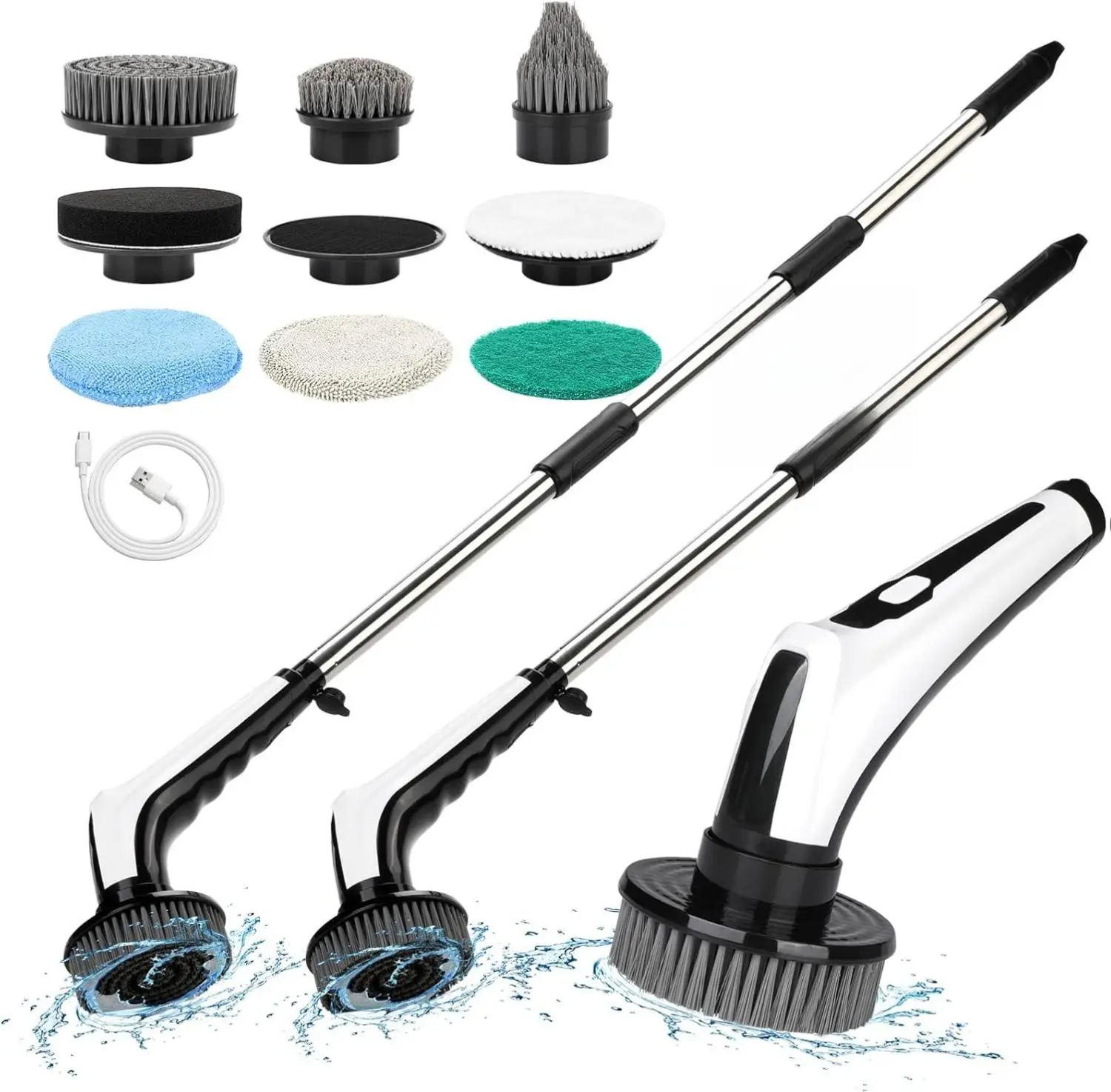 Electric Spin Scrubber with Long Handle, Smart Cordless Electric Spin Mop, 8 Replacement Heads, 2 Adjustable Speeds, IP68 Waterproof, Battery Life, Shower Cleaning Brush for Bathtub, Tile, Floor (White)