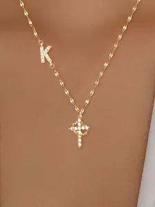 Women's Stainless Steel Necklace with Zirconia Cross Crown Initial Pendant, Casual Fashion Lip Chain Jewelry for All Seasons