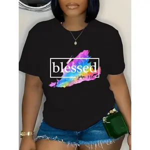 1pc Women'S Plus Size Blessed Graphic Tee Casual Crew Neck Short Sleeve Top, Soft Polyester Blend, Slight Stretch, Knit Fabric, Oversized Fit, Pullover Style, Regular Length Spring Summer Collection