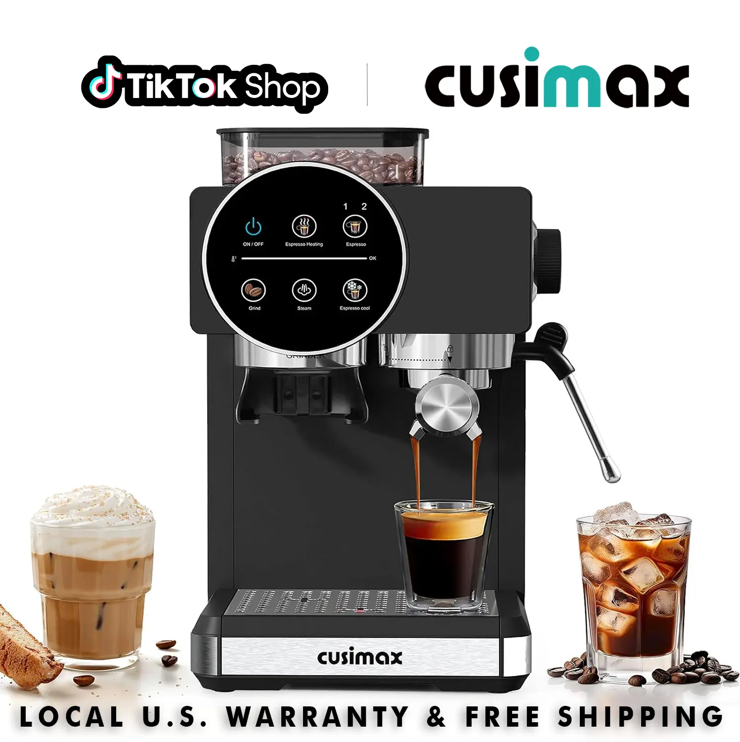 CUSIMAX 20-Bar Compact Semi-Automatic Espresso Machine with Built-in Grinder, Milk Frother Steam Wand, 60oz Removable Water Tank, Removable Parts, 1350W Fast Heat, US Plug, Ground Coffee Compatibility for Home Baristas, Timer, 12 Cups & Above