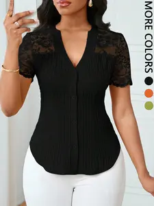 Women's Solid Color Simple Fitted Commuter Casual Shirt Summer Style, Ladies Plain Design Office Wear, Comfortable and Stylish Blouse