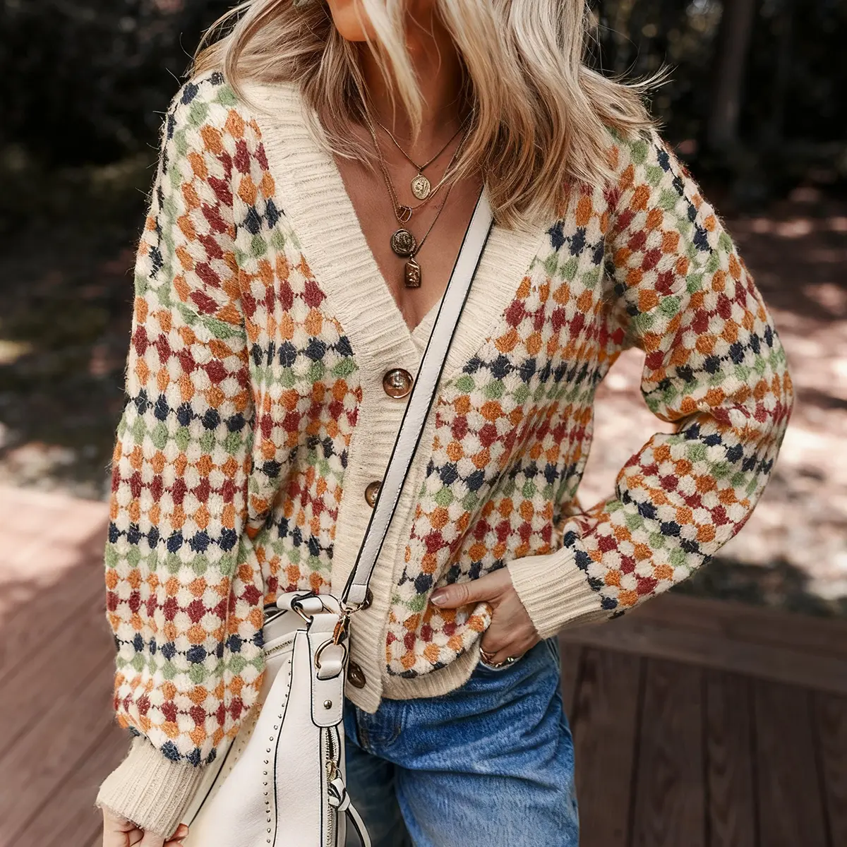 Women's Multicolor Polka Dot Knit Button‑Down V Neck Cardigan Sweater Casual Loose Fit Fall Everyday Outerwear Fashion Knitwear