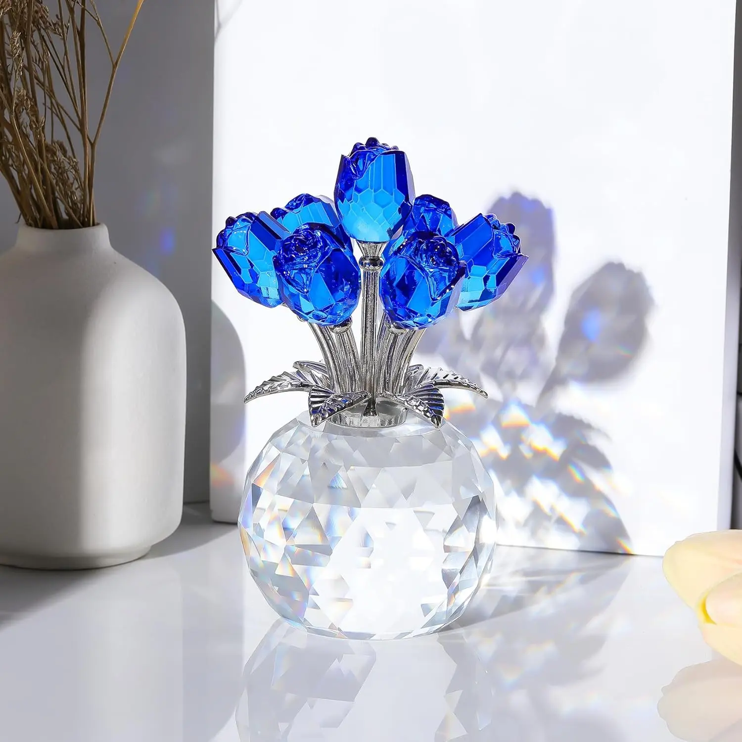 Crystal Blue Artificial Rose Bouquet Figurine with Round Glass Vase & Gift Box, Collectibles Home Decor Table Centerpiece, Study & Daily Romantic Supplies for Women’s Birthdays Home Decoration Bouquet Artificial Fake Flowers