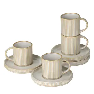Famiware Star Espresso Cups and Saucers Set of 4, [ Mini ] 3 oz Ceramic Small Coffee Mug with Handle, Cappuccino White