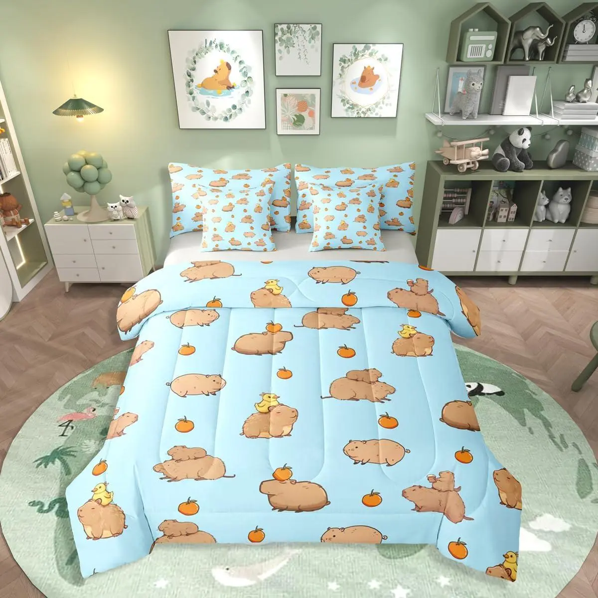 Feelyou 7-Piece Ultra Soft Kids Matching Bedding Set - Animal Print Cartoon Capybara & Duck Comforter, Bedsheet Sets, Gentle Blanket, Machine Washable, Home Decor, Blue Khaki, Multi-Size Halloween Blanket Gifts
