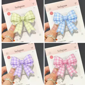 Pastel Gingham Bow MagSafe Phone Grip – Magnetic Pop Socket Kickstand for Phone & Kindle – Cute Coquette Gift for Her