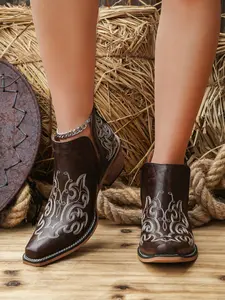 Women's Western Cowboy Short Boots, Vintage Embroidered Pointed Toe Wedge Ankle Boots, European Style Western Boots, Cowboy Booties for All Seasons