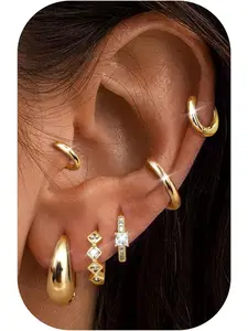 6 pairs silver/gold hoop earrings for women, Earring Stack 16k gold plated hoop earrings steel cartilage hypoallergenic earring set for multiple piercings（8mm,10mm,12mm)