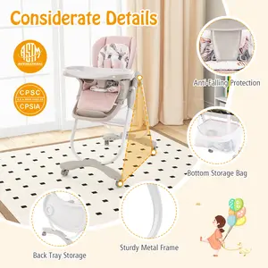 COSTWAY - Multifunctional Folding Baby High Chair with Rolling Wheels and Adjustable Height-Pink