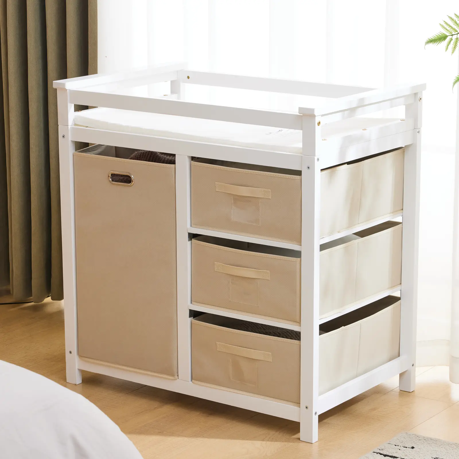 High-End Pine Wood Children's Crib, Toddler Furniture with Removable Top, White Painted Frame, 3-Drawer Storage, 1 Fabric Bag, Sleeping Cot for Newborns