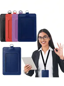 PU double-sided card holder with black lanyard, with visible window, Versatile use, for employee and student bus and meal cards, office meeting work passes, bank credit cards, ID card holders, faux leather card holders, card wallets, bus card holders