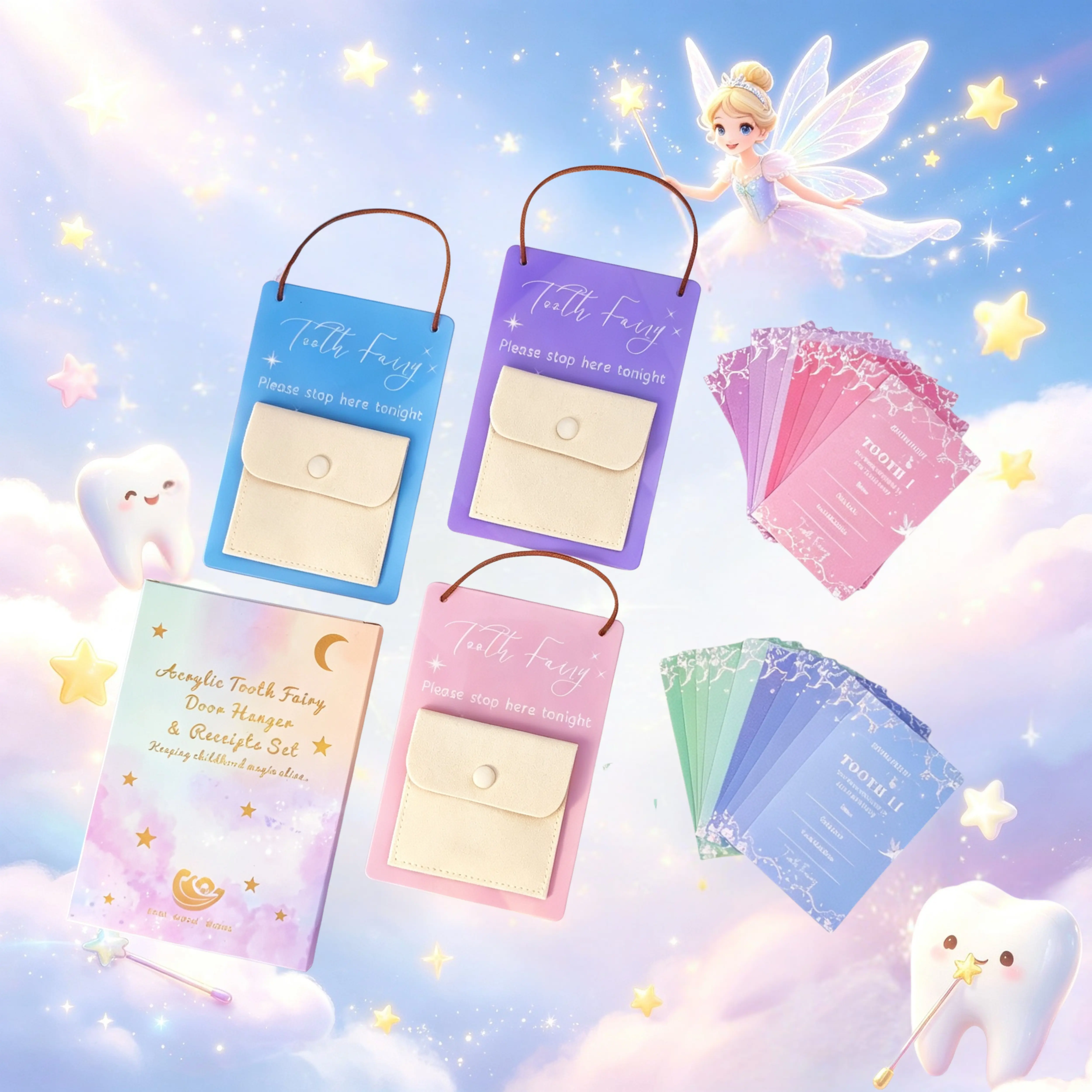 Tooth Fairy Gifts Acrylic Door Hanger with Tooth Pouch & 20 Rainbow Tooth Receipts in gift box - Tooth Fairy Holder Keepsake for Lost Teeth, Boys and Girls (Dusty Pink, Cloud Blue, Bright Lavender))