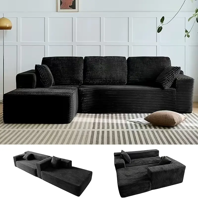 106" L-Shaped Modular Sectional Sofa with Chaise, Boneless Comfy Corduroy Fluffy Couch with Deep Seat, Flexible Module Combination for Living Room, No Assembly