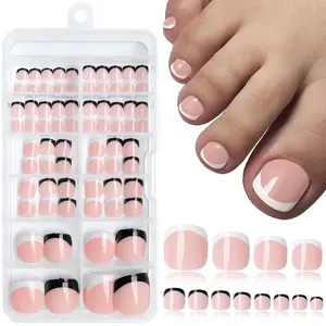 120pc French Tips Press on Toenails Short Square, Black White Tips Toe Press on Nails French Fake Toenails Full Cover Glue on Toenail Press ons Acrylic Toe Nail Fingernail & Adhesive Tab
