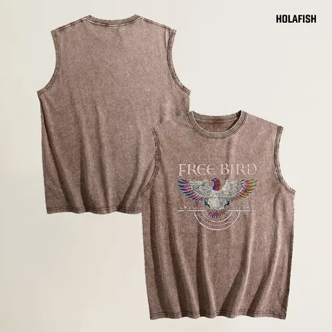 Holafish Women's Vintage Acid Wash Round Neck Cotton Tank Top - Freebird Print, Soft, Sleeveless, Loose Relaxed Fit - Everyday, Workout, Outdoor Summer Essential for Vacation Beach Wear