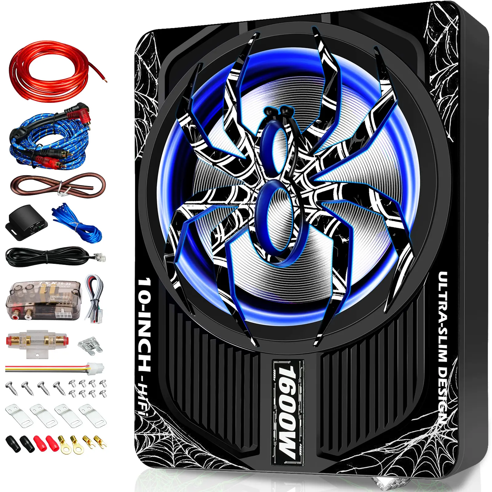 Upgraded 10 Inch 1600W Under Seat Subwoofer with Amp, Powered Slim Sub, Blue LED Ambient Light, (LPF/Gain/Bass Boost) Independent Bass Knob, Car Audio Subwoofer Package for Truck SUV Jeep MPV.