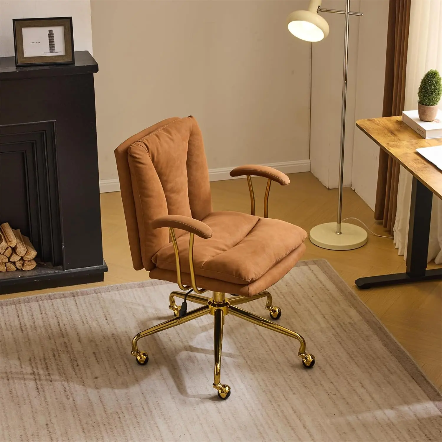 Home Office Desk Chair Comfy with wheels&Removable Armrests,Gold Base Vanity Chair with Back,Adjustable Rolling Swivel Computer Task Chair for Study,Makeup,Office,Bedroom,Microfiber