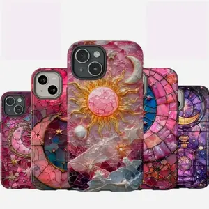 Pink Celestial Sun Moon Stars and Stars Clouds Phone Case, Faux Stained Glass Aesthetic For iPhone
