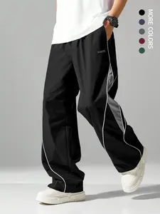 Men's Casual Patchwork Straight Leg Pants, Letter Side Print, High Waist Elastic Waistband, Street Style, Athleisure Style Bottoms, Perfect for Daily Wear and Outdoor Sports