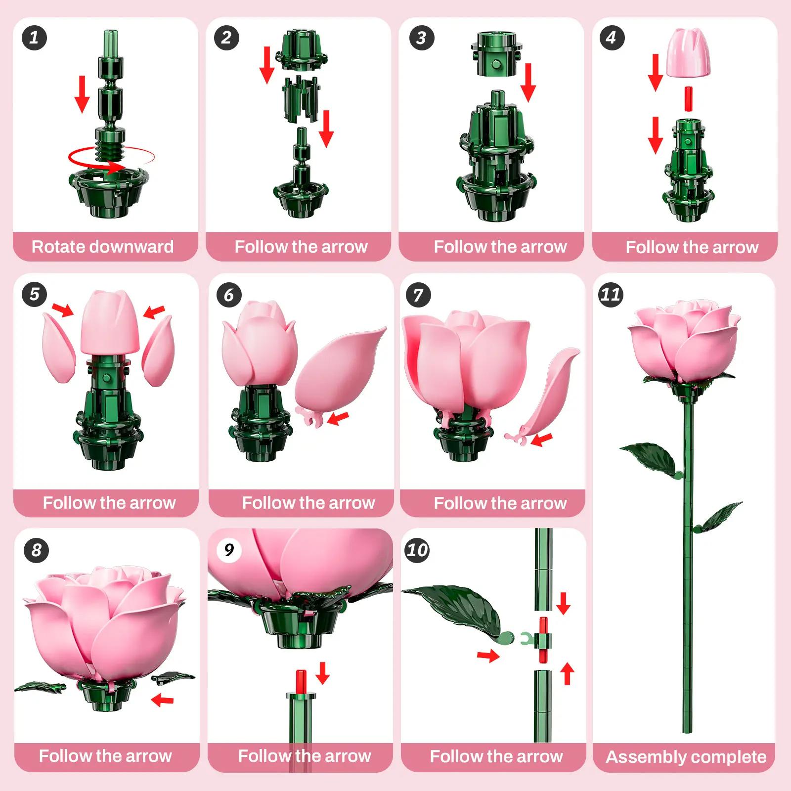 12-Stem Blooming Pink Rose Building Block Bouquet — DIY Assembly Kit for Adults — Deluxe Gift Box for Christmas & Valentine's Day — The Perfect Choice for Home & Office Decor model collectible metal easy assembly toy difficulty high brick