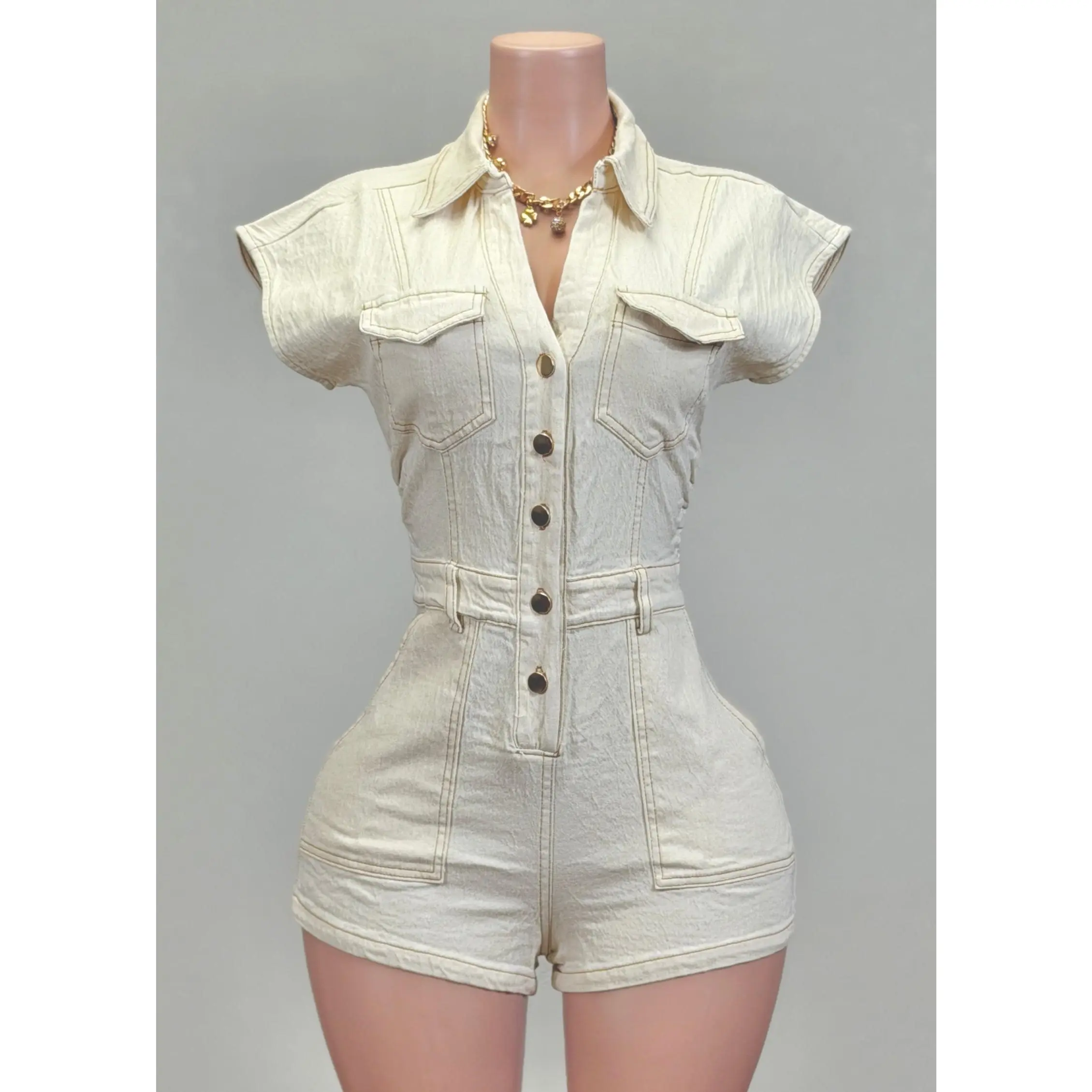OLIANA DENIM IVORY COLLARED SHORT SLEEVE ROMPER