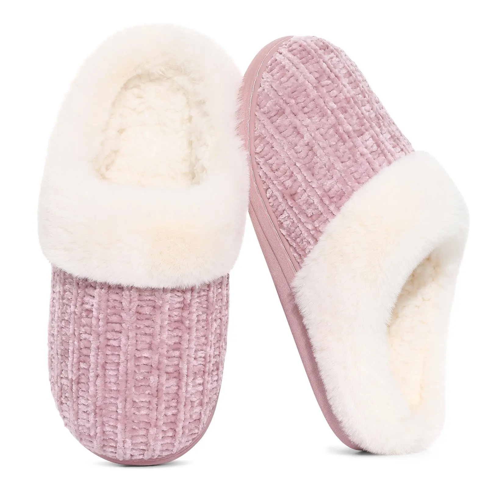 Shevalues Women's Breathable Chenille Knit Fuzzy Slippers Memory Foam Warm House Shoes | Comfy Fleece Lined, Fluffy Faux Fur, Anti-slip, Machine Washable, Indoor & Outdoor, Gifts