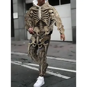 Men's Skeleton Print Hoodie Set - Trendy Halloween Outfit Perfect for Street Style, Themed Parties and Gift Giving, Gothic Style Matching Set for Spooky Season Fashion
