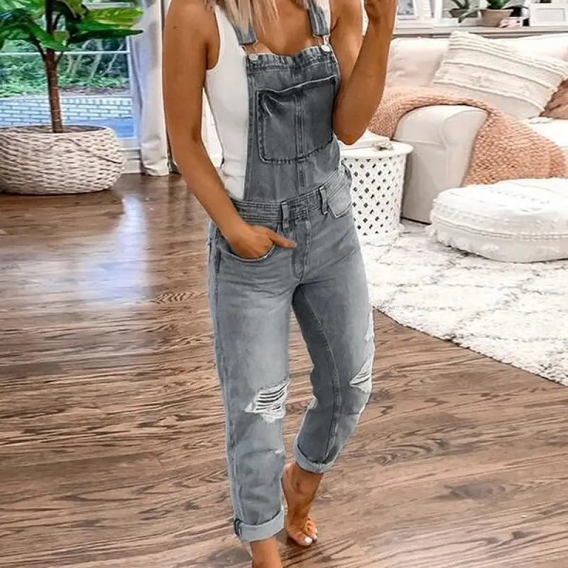 Women's Ripped Bib Overalls Adjustable Straps Pockets Jean Rompers Casual Distressed Jeans Fit Jumpsuits Style Sports Double Shoulder Strap Ripped Jumpsuit Women's Casual Wear Dungarees Comfort rompers women romper womenswear suit colorful utility