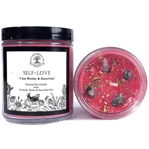 Self-Love Affirmation Soy Candle with Thulite Crystals for Acceptance, Self-Worth, Healing & Loss | Art Of The Root