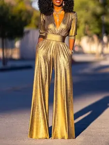 Elegant Women's High Waist Bodycon Shiny Jumpsuit, Deep V Neck Long Sleeve, Plain Color, Perfect for Parties & Events