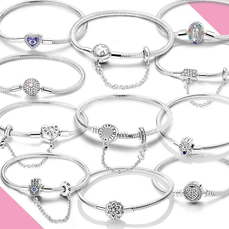 925 Silver Original  Snake Chain Clasp Bead Bracelets Fit Charms DIY Jewelry For Women